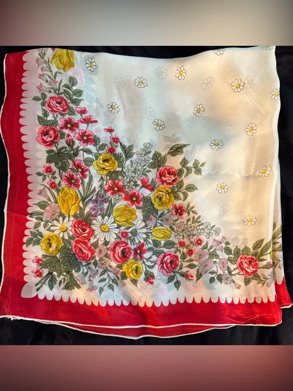 Vintage Carol Stanley Mid Century 100% Silk Floral Red, Yellow & Green Scarf